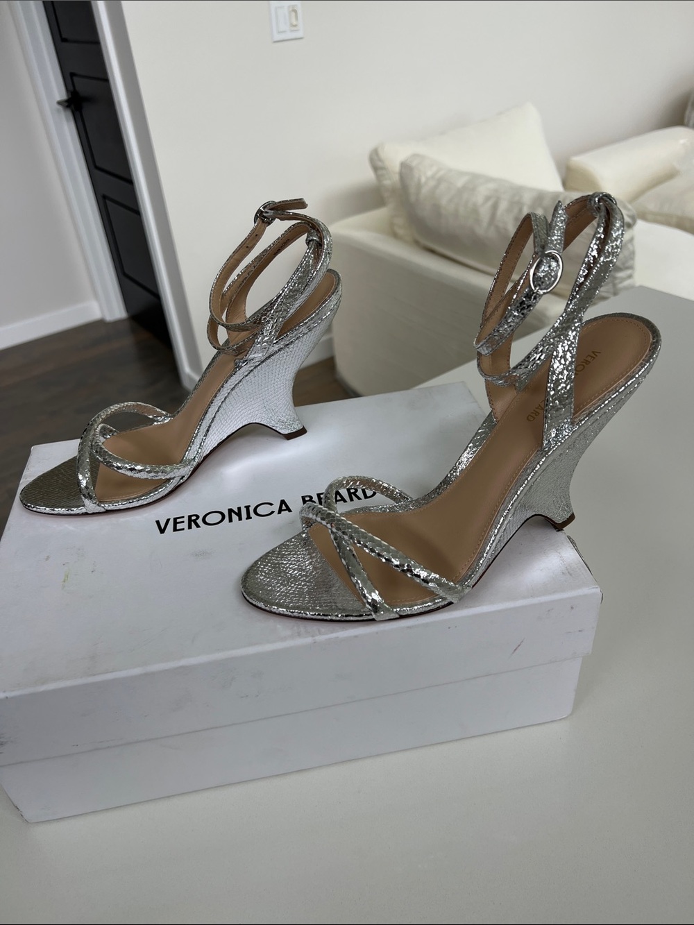Veronica Beard manuela metalic silver open toe geometric wedge sandals heels 8.5